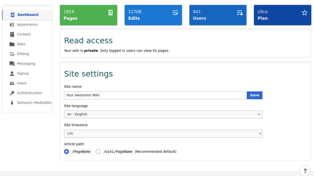 MediaWiki administrator dashboard